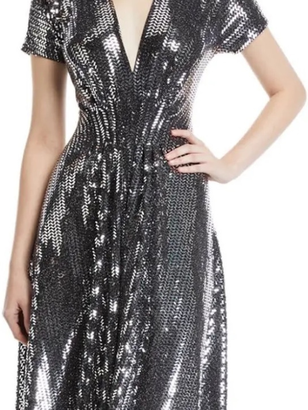 Naeem Khan Silver Sequin V-Neck Dress